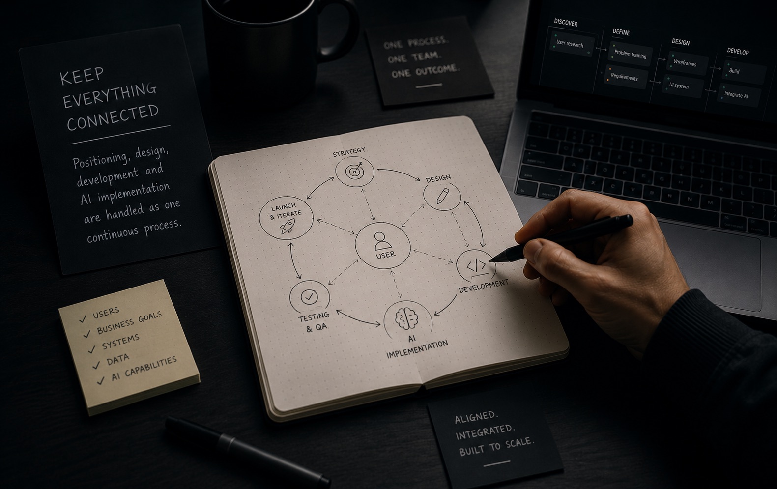 Positioning, design, development and AI implementation are handled as one continuous process.